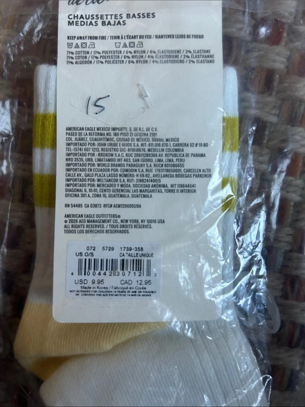 aerie White Quarter Socks with Yellow Stripes and Yellow Toe